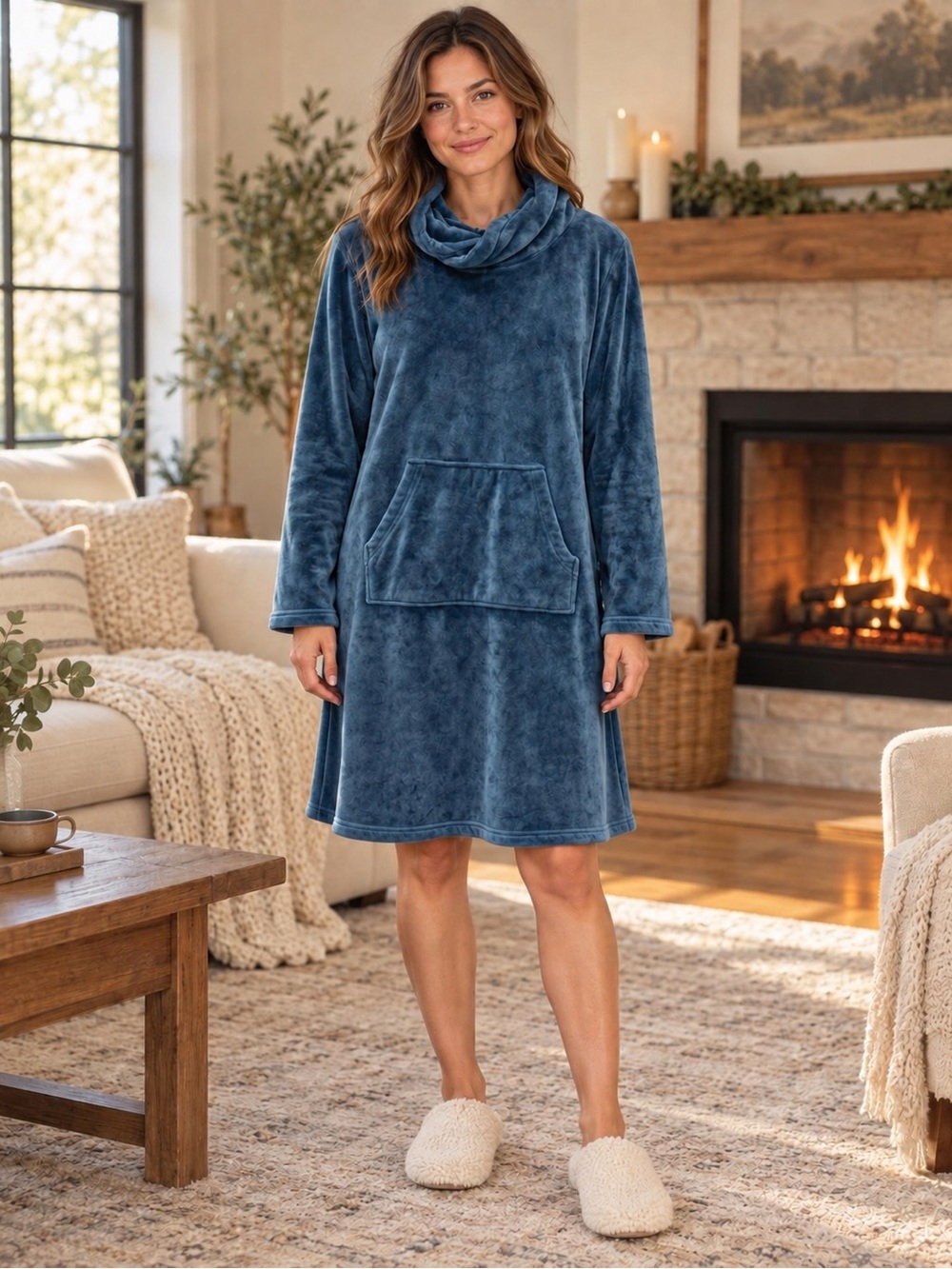 Softies by Paddi Murphy blue velour cowl neck lounger Dress